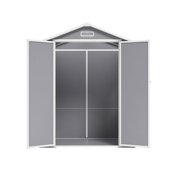 Plastic storage shed with double doors open, interior empty shelf and vertical divider