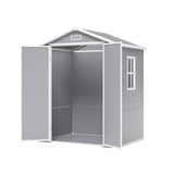 Plastic storage shed angled view with open side entry, gray walls and roof vent