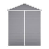 Plastic garden storage shed front view with double doors and peaked roof