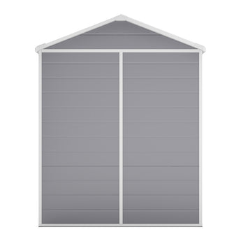 Plastic garden storage shed front view with double doors and peaked roof
