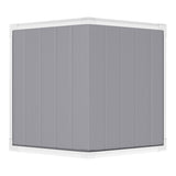 Plastic garden storage shed corner view showing gray wall panels and white trim