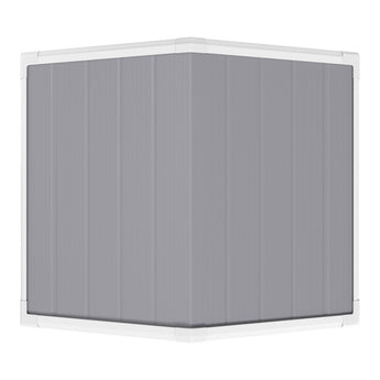 Plastic garden storage shed corner view showing gray wall panels and white trim