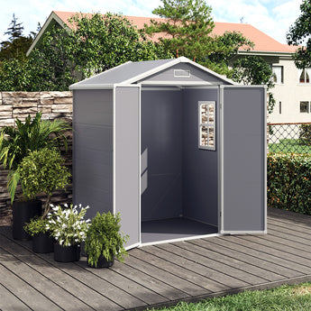 181CM wide plastic garden storage shed with double doors, open entrance view
