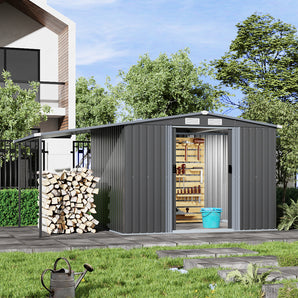 Metal garden storage shed with gabled roof and lean-to, dark gray, open double doors