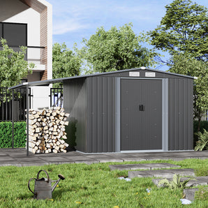 256cm wide metal storage shed, dark gray panels, gabled roof, closed double door