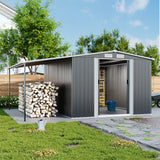 Dark grey metal storage shed with open door, visible shelves, lean-to roof