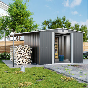 Dark grey metal storage shed with open door, visible shelves, lean-to roof