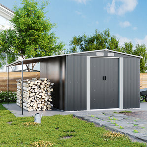 248cm dark grey metal storage shed with lean-to roof and double door