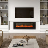 Wall-mounted electric fireplace insert with dark glass front and orange flame LED effect