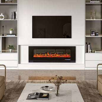 Wall-mounted electric fireplace insert with dark glass front and orange flame LED effect