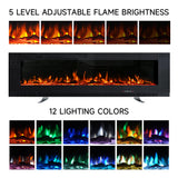 Black glass LED electric fireplace insert with adjustable flame brightness and 12 color LEDs