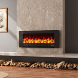 Black glass LED electric fireplace insert, mounted flush in stone wall niche