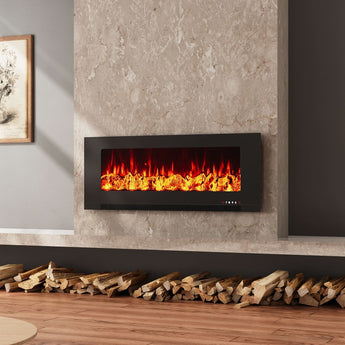 Black glass LED electric fireplace insert, mounted flush in stone wall niche