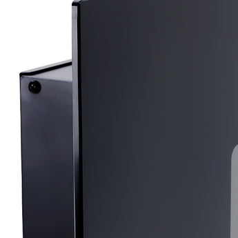 Electric fireplace insert corner detail with dark housing and glass edge trim