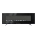 Electric fireplace insert with dark glass front, logs and glowing LED flames, front view