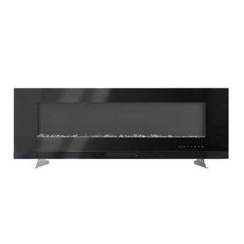 Electric fireplace insert with dark glass front, logs and glowing LED flames, front view