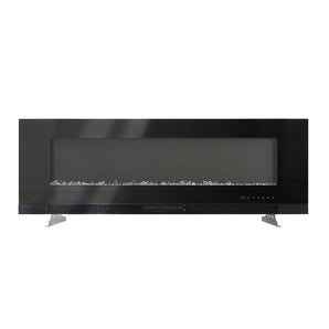 Electric fireplace insert with dark glass front, logs and glowing LED flames, front view