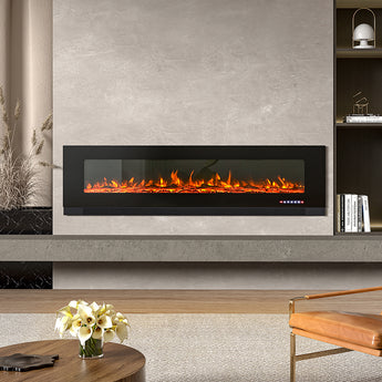 Wall-mounted electric fireplace insert with dark glass viewing window and orange flame effect