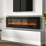 Wall-mounted electric fireplace insert with dark glass panel and bright orange flame LEDs