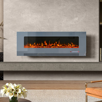 Wall-mounted electric fireplace insert with dark glass front and glowing orange flame LEDs