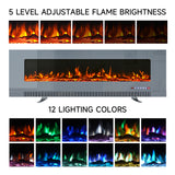 Black glass LED electric fireplace insert showing multicolor flame lighting options