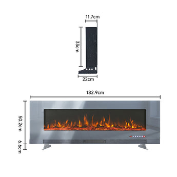 LED electric fireplace insert with black glass and glowing flame, extra-wide screen and control LEDs