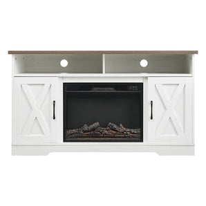White TV stand fireplace cabinet with two side doors and central recessed electric fire