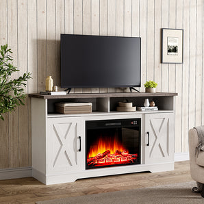 Recessed electric fireplace suite with TV stand in white, with black glass firebox