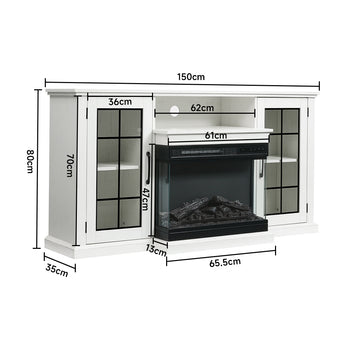 White electric fireplace TV stand size diagram: 150cm wide, 80cm high