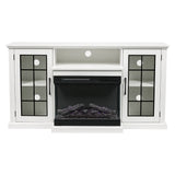 White electric fireplace console with glass doors and recessed firebox with log bed