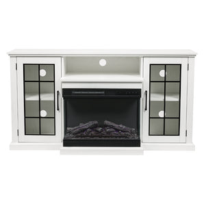 White electric fireplace console with glass doors and recessed firebox with log bed
