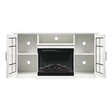 White electric fireplace console interior with recessed firebox and side storage panels