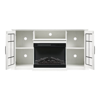 White electric fireplace console interior with recessed firebox and side storage panels