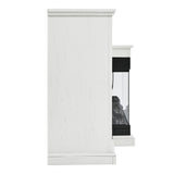 White electric fireplace suite with side storage opening and dark interior panel