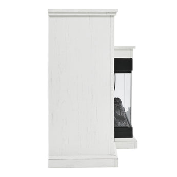 White electric fireplace suite with side storage opening and dark interior panel