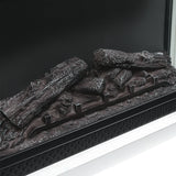 Electric fireplace log bed with textured embers in a black burner frame