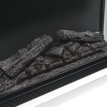 Electric fireplace log bed with textured embers in a black burner frame
