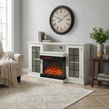 White electric fireplace with mantel, glass doors, and ember flame bed