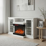 White electric fireplace with glass side doors and central flame window