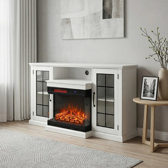 White electric fireplace with glass side doors and central flame window