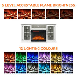 White electric fireplace TV stand with glass doors and open shelves, orange flames