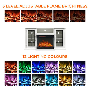 White electric fireplace TV stand with glass doors and open shelves, orange flames