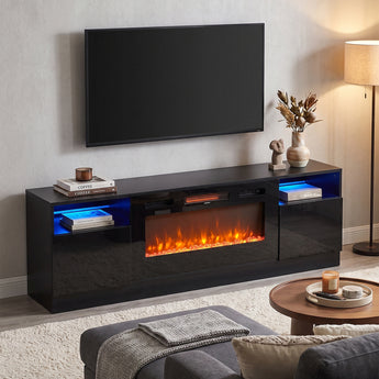36-inch modern recessed electric fireplace, black mantel with orange flames and blue LED shelves