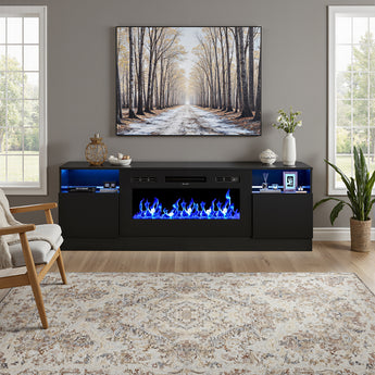 36-inch recessed electric fireplace, black media console with blue flame window