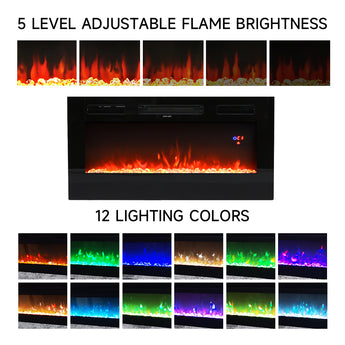 Electric fireplace graphic: 5 flame brightness levels, 12 lighting colors
