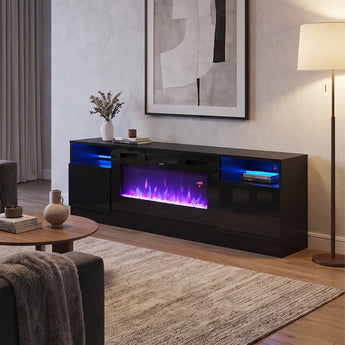 36-inch modern recessed electric fireplace with black surround, blue LED and purple flame