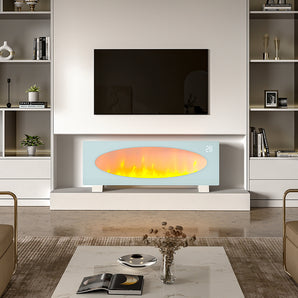 42-inch modern electric fireplace with white frame and oval orange flame display