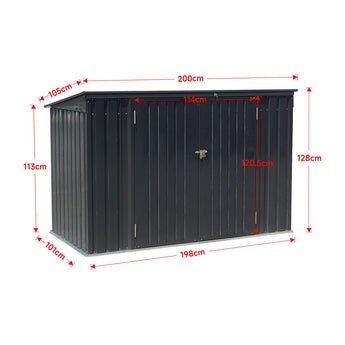 200 cm wide outdoor metal garbage storage shed with hinged lid and latch, dark grey
