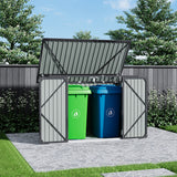 Outdoor metal garbage storage shed with hinged lid open, double doors with two trash bins