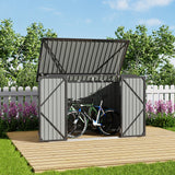 Outdoor metal garbage storage shed, dark gray, hinged lid open with double doors